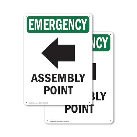 Signmission Assembly Point (Left Arrow) With Symbol, 10 in W x Rectangle, Aluminum OS-2PACK-EM-A-1014-V-10430